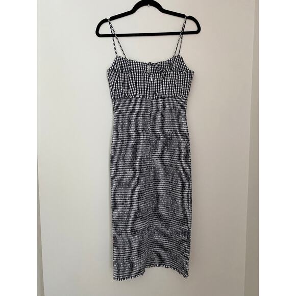 J Crew Smocked Black White Gingham Tie Front Midi Dress Bodycon Fitted NWT 00 - Picture 13 of 14